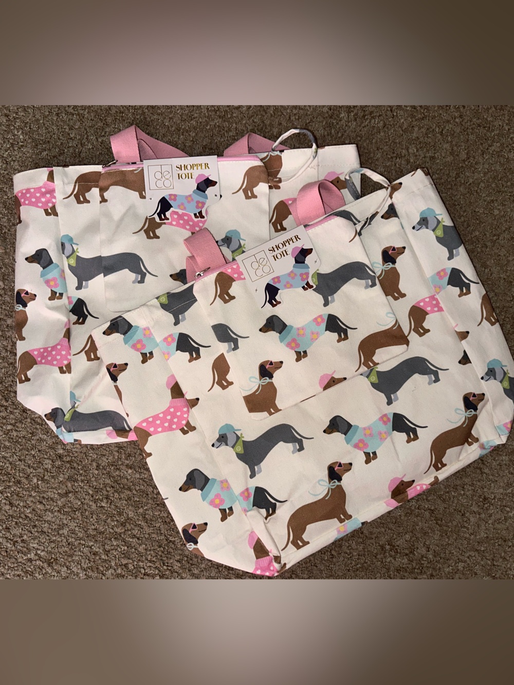 Dachshund Print Shopper Tote with Pink Handles